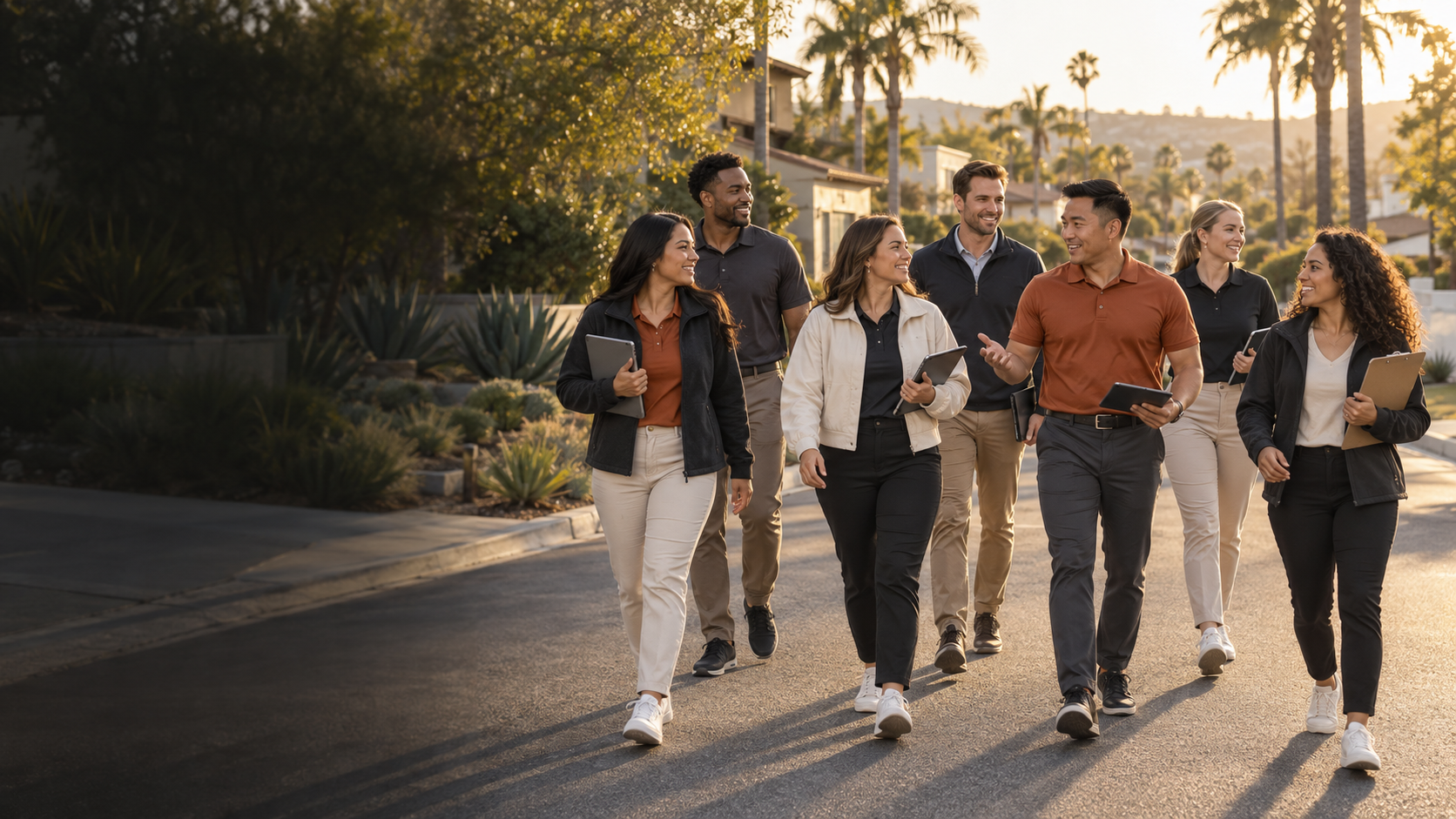 A professional field sales team walking through a Southern California neighborhood